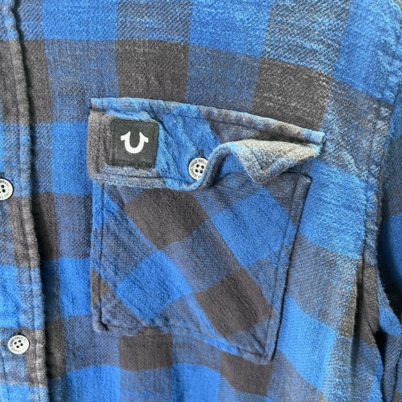 True Religion Blue Plaid Flannel Shirt Mens XL 100% Cotton Outdoors Manly 2102 - Picture 2 of 8
